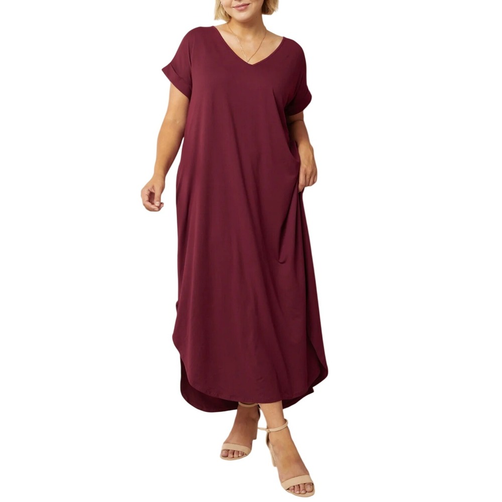 Entro Womens‎ XL Maxi Dress Burgundy V Neck Short Sleeve Casual Loose Fit